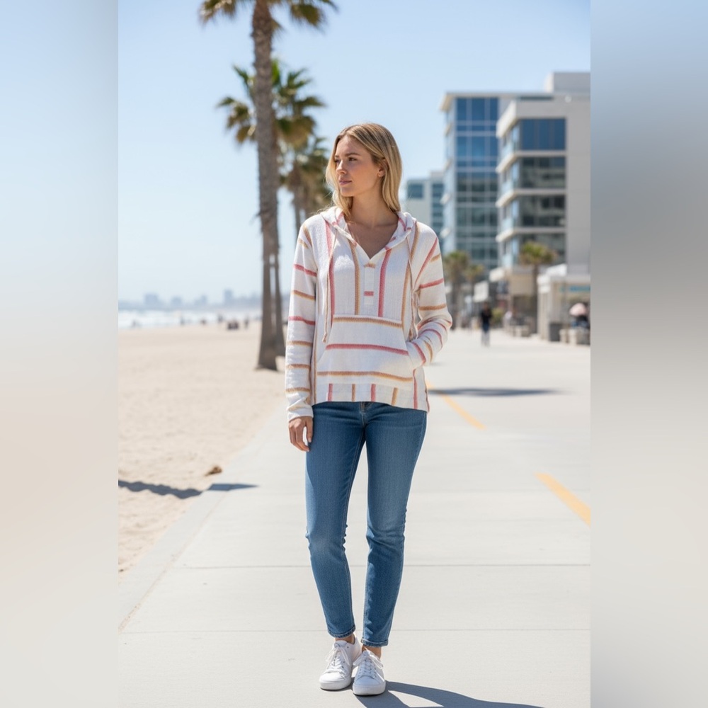Roxy New Boho Wild Poncho Hoodie Run Around Striped XS Ivory Pink Kimono Sleeve